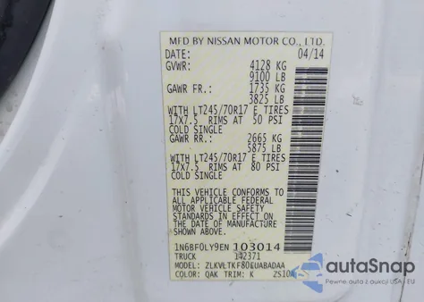 2014 Nissan Nv Cargo Nv2500 Hd Sv V6 из США, поврежденный, VIN 1N6BF0LY9EN103014